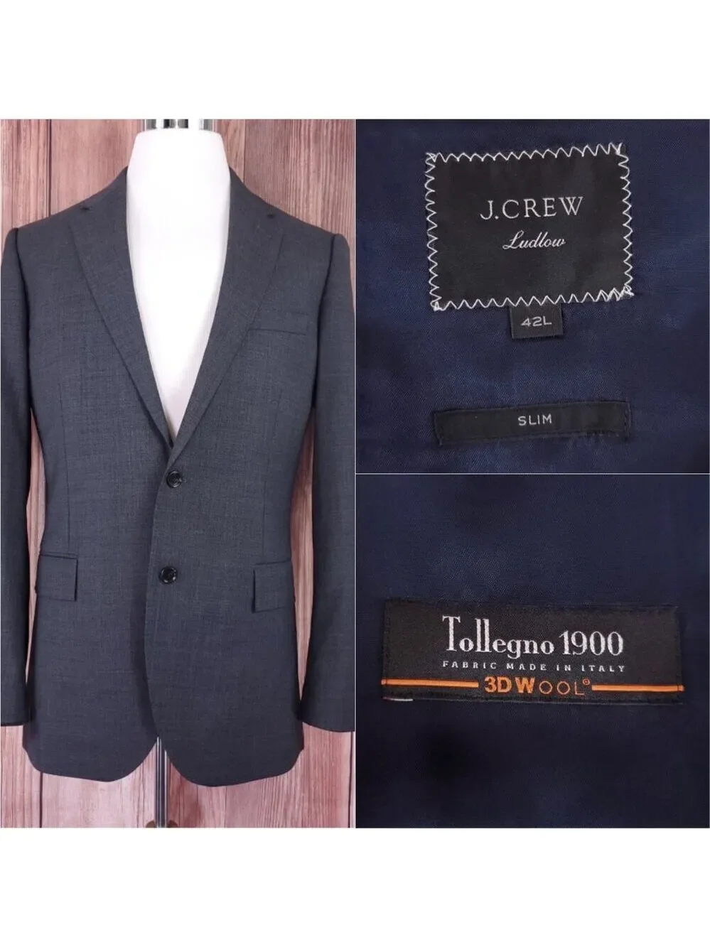 J. Crew Ludlow Slim Fit Charcoal Gray Wool Suit Jacket J3272 Tollengo 1900